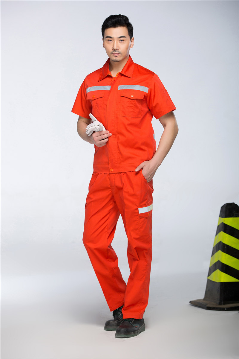 工程服订做|橘色灰色反光条短袖|环卫短袖套装