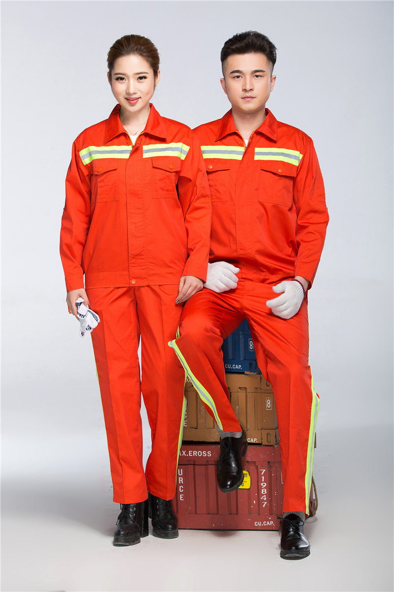 工程服订做|橘色绿条反光条长袖|环卫工地施工劳保服