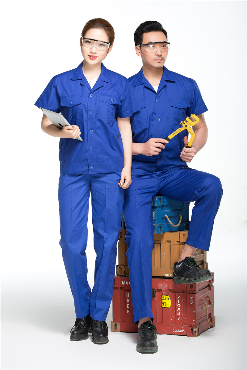 工程服订做系扣纯蓝色短袖工地耐磨厂服车间劳保服
